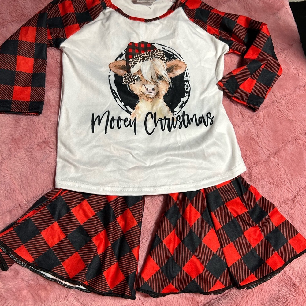 Girls Mooey Christmas Red & Black Plaid Bell Bottom Set 12 months to 2T fit